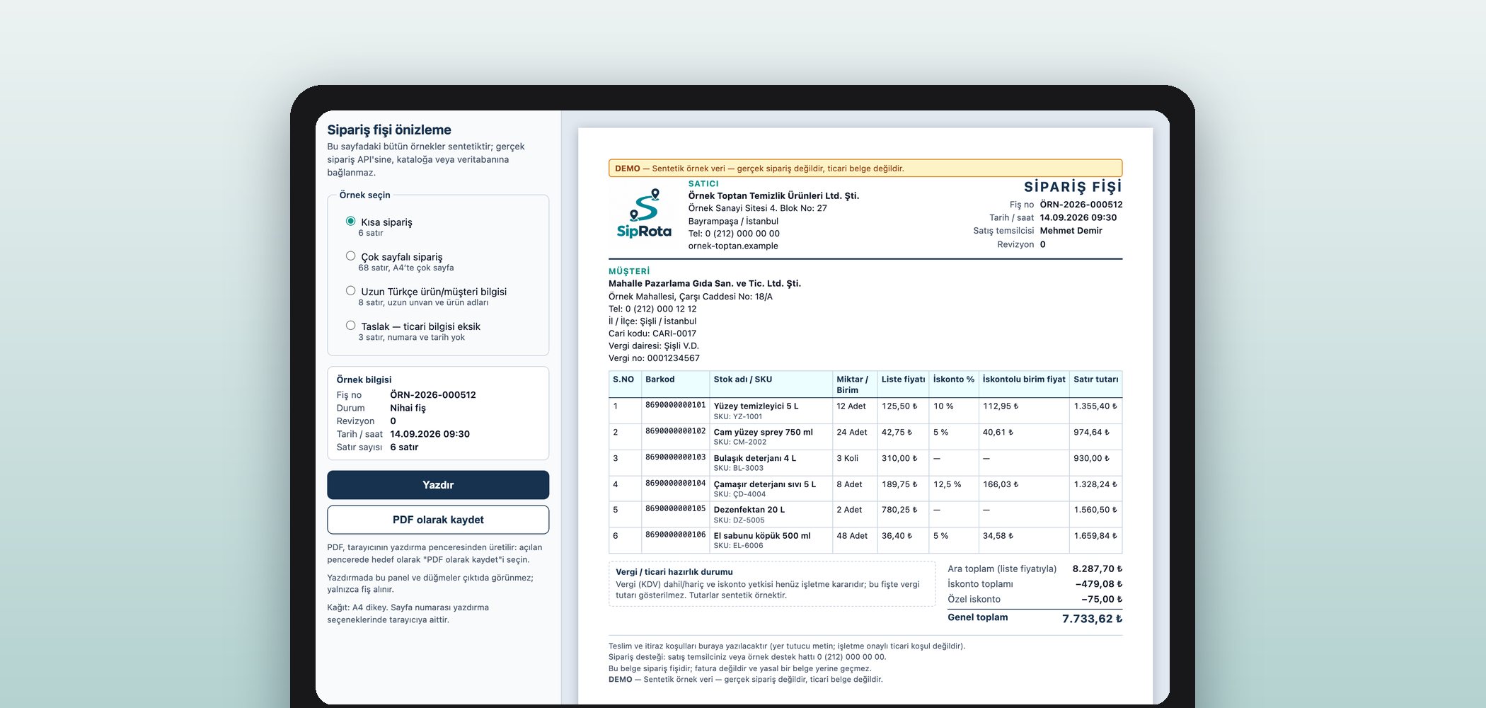 SipRota sipariş fişi önizlemesi, sentetik demo veriyle