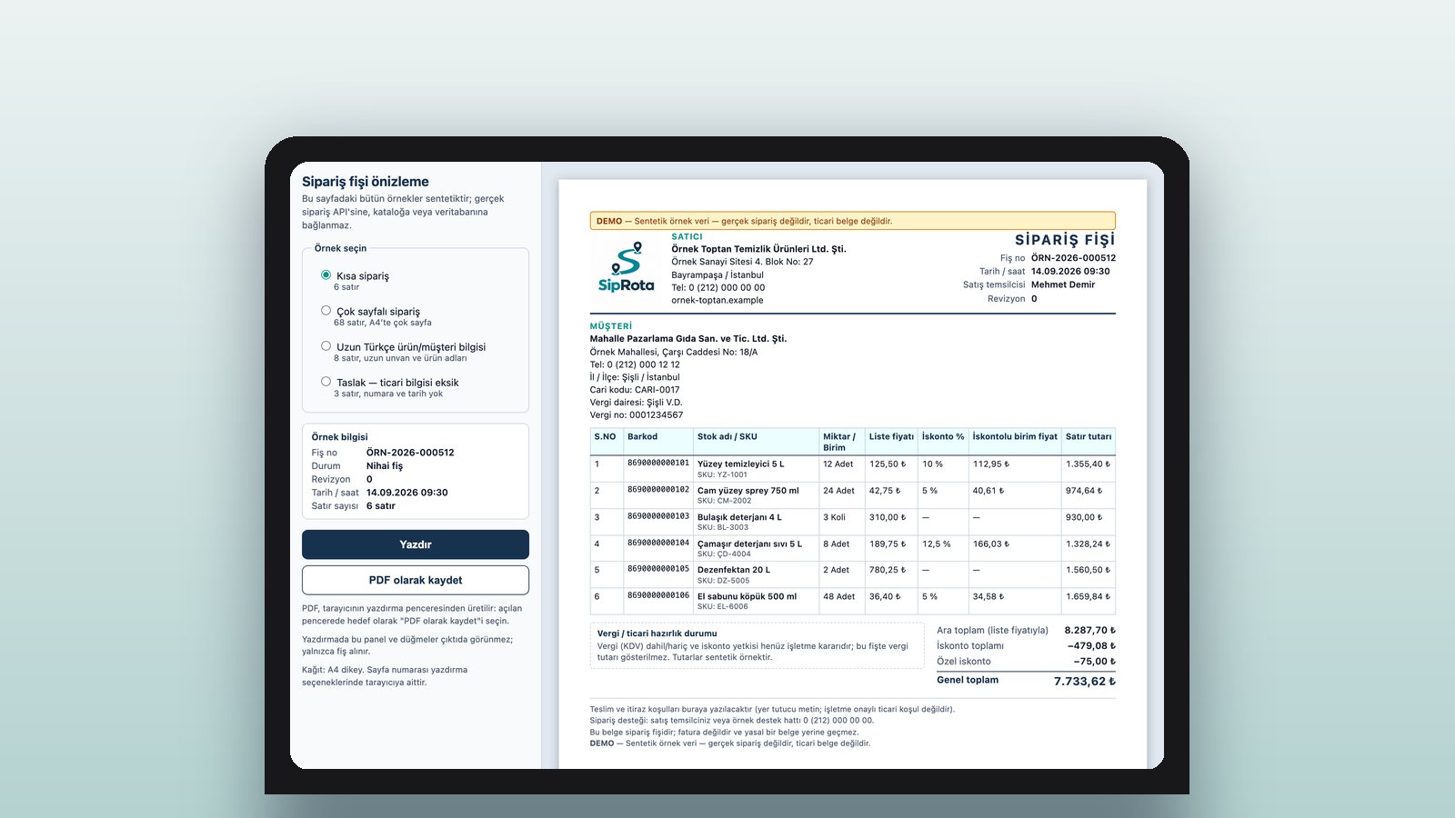 SipRota order slip preview (demo data)
